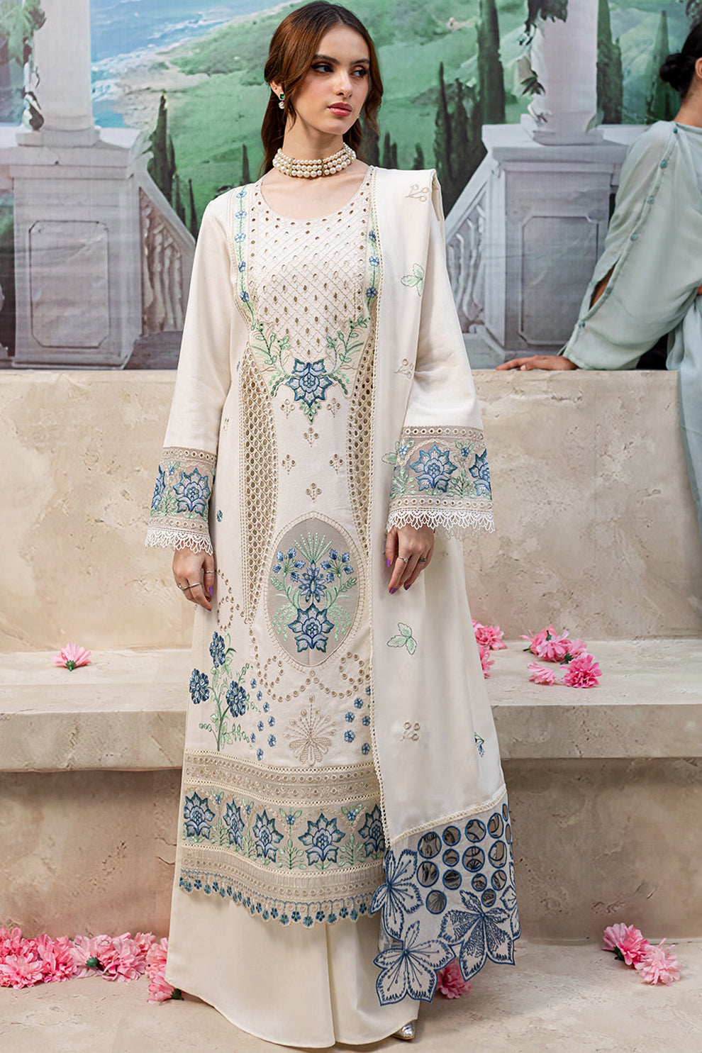 MAHNUR- UNSTITCHED 3PC DHANAK LASER WORK EMBROIDERED SUIT-PK-3650
