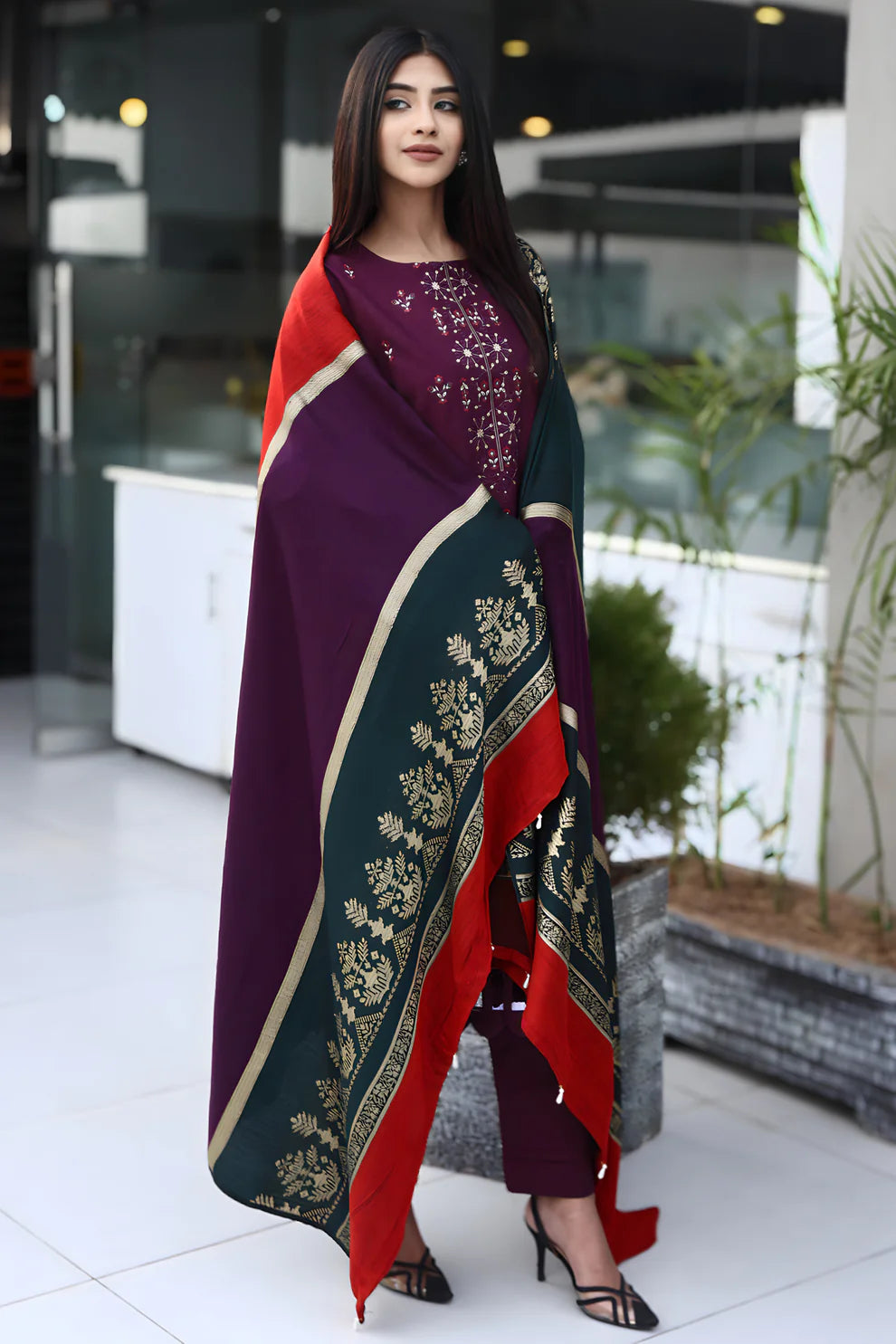 ELAAN-3PC DHANAK CUTWORK EMBROIDERED SHIRT WITH KASHMIRI JACQUARD WOOL SHAWL-EP-5523