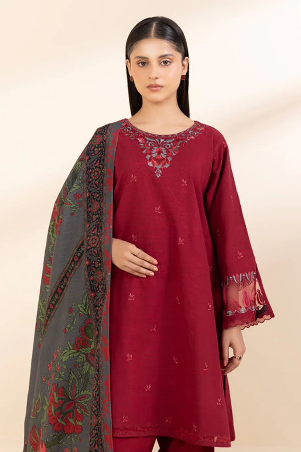 SAPPHIRE-3PC DHANAK EMBROIDERED SHIRT WITH PASHMINA PRINT SHAWL & TROUSER-EP-5315