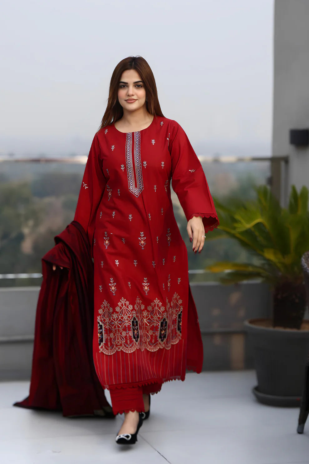 ELAAN-3PC KHADDAR CUTWORK EMBROIDERED SHIRT WITH KASHMIRI JACQUARD WOOL SHAWL-EP-5525
