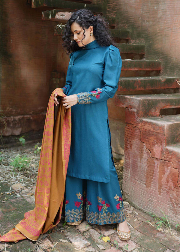 MARIA B - 3PC DHANAK SHIRT WITH WOOL PRINTED SHAWL & EMBROIDERED TROUSER_EP_5356