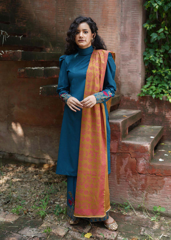 MARIA B - 3PC DHANAK SHIRT WITH WOOL PRINTED SHAWL & EMBROIDERED TROUSER_EP_5356