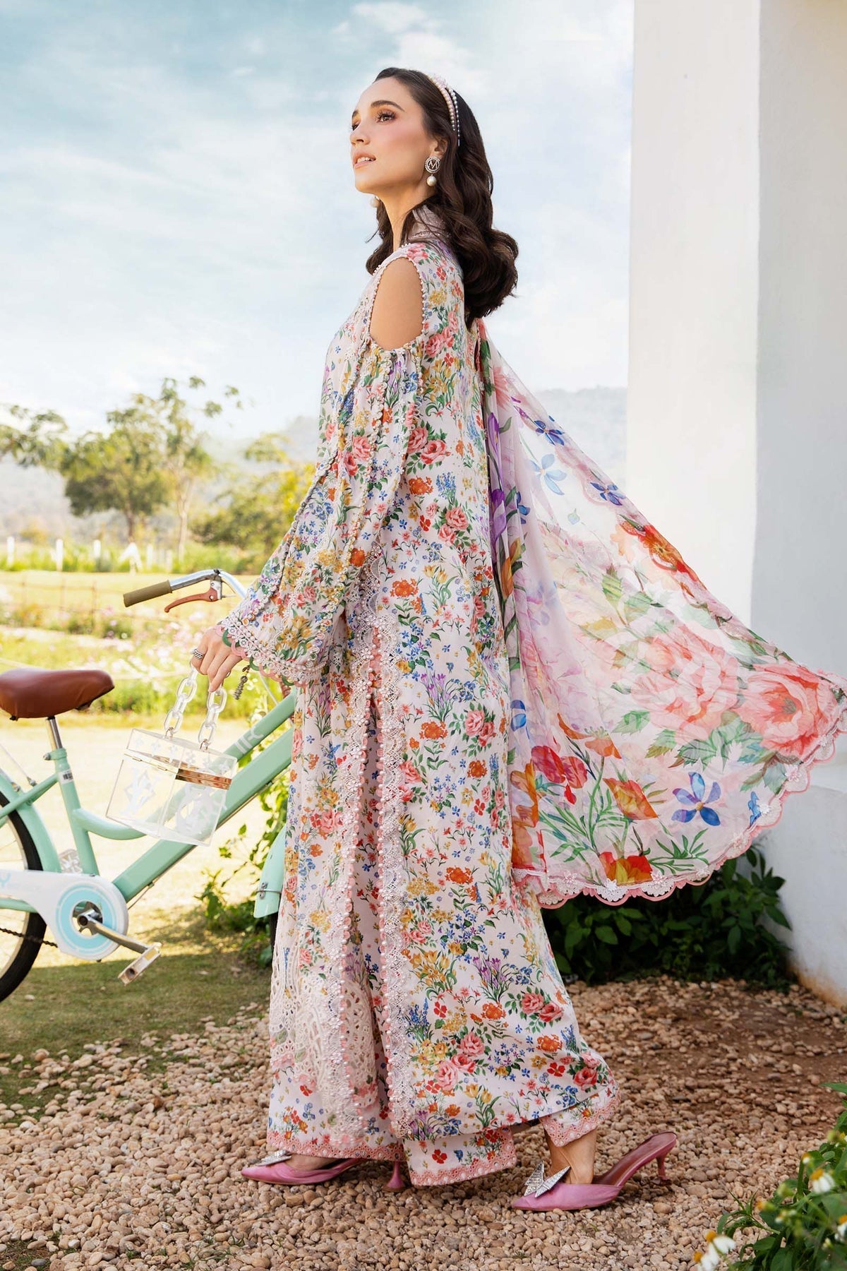 MARIA.B-3PC LAWN PRINTED EMBROIDERED SHIRT WITH CHIFFON PRINT DUPATTA & PRINT TROUSER-PK-3619