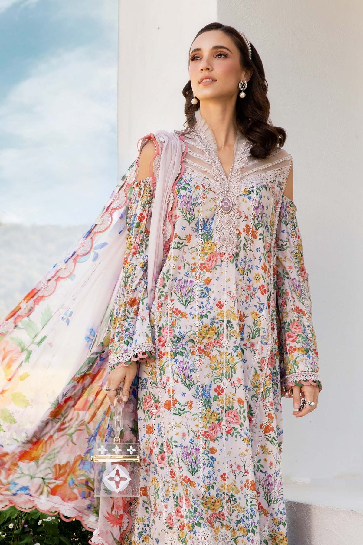 MARIA.B-3PC LAWN PRINTED EMBROIDERED SHIRT WITH CHIFFON PRINT DUPATTA & PRINT TROUSER-PK-3619