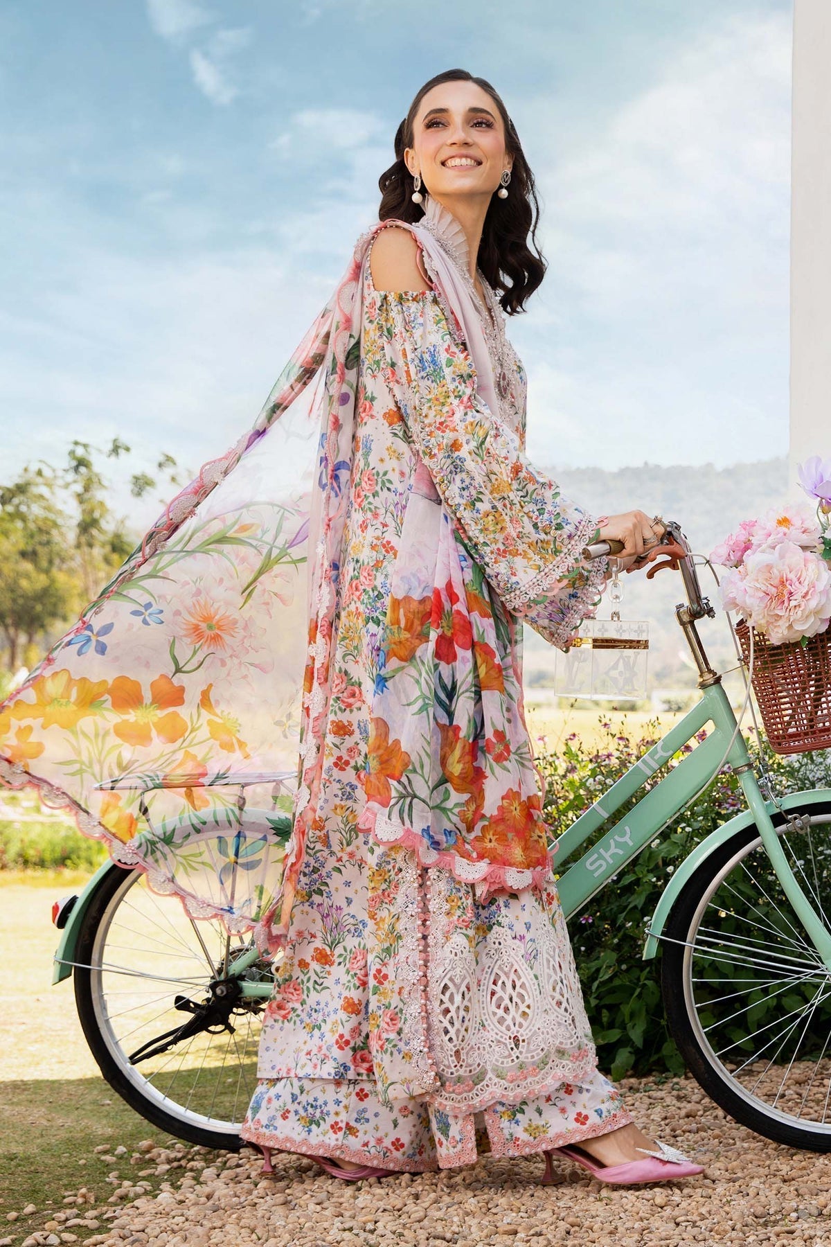 MARIA.B-3PC LAWN PRINTED EMBROIDERED SHIRT WITH CHIFFON PRINT DUPATTA & PRINT TROUSER-PK-3619