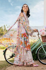 MARIA.B-3PC LAWN PRINTED EMBROIDERED SHIRT WITH CHIFFON PRINT DUPATTA & PRINT TROUSER-PK-3619