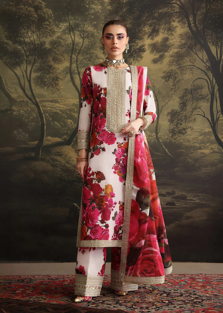 ZAINAB CHOTANI-UNSTITCHED 3PC SHAMOZE SILK PRINTED EMBROIDERED SUIT-PK-1722
