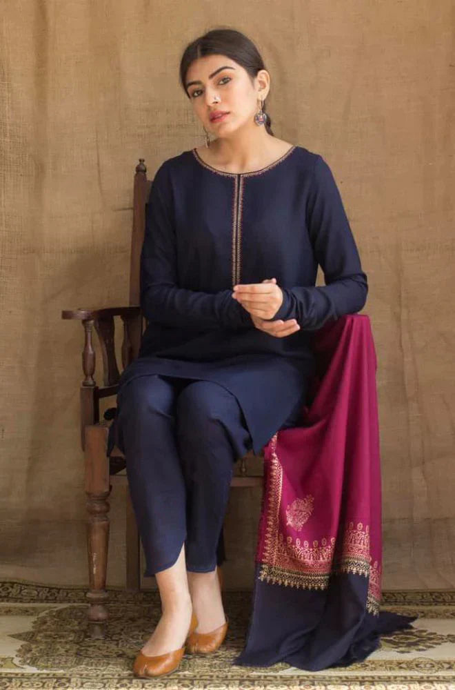 DYOT - 3PC DHANAK EMBROIDERED SHIRT WITH WOOL PRINT SHAWL & TROUSER-EP-5369