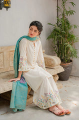 AISLING- 3PC DHANAK EMBROIDERED SHIRT WITH WOOL PRINT SHAWL AND EMBROIDERED TROUSER- EP-5055