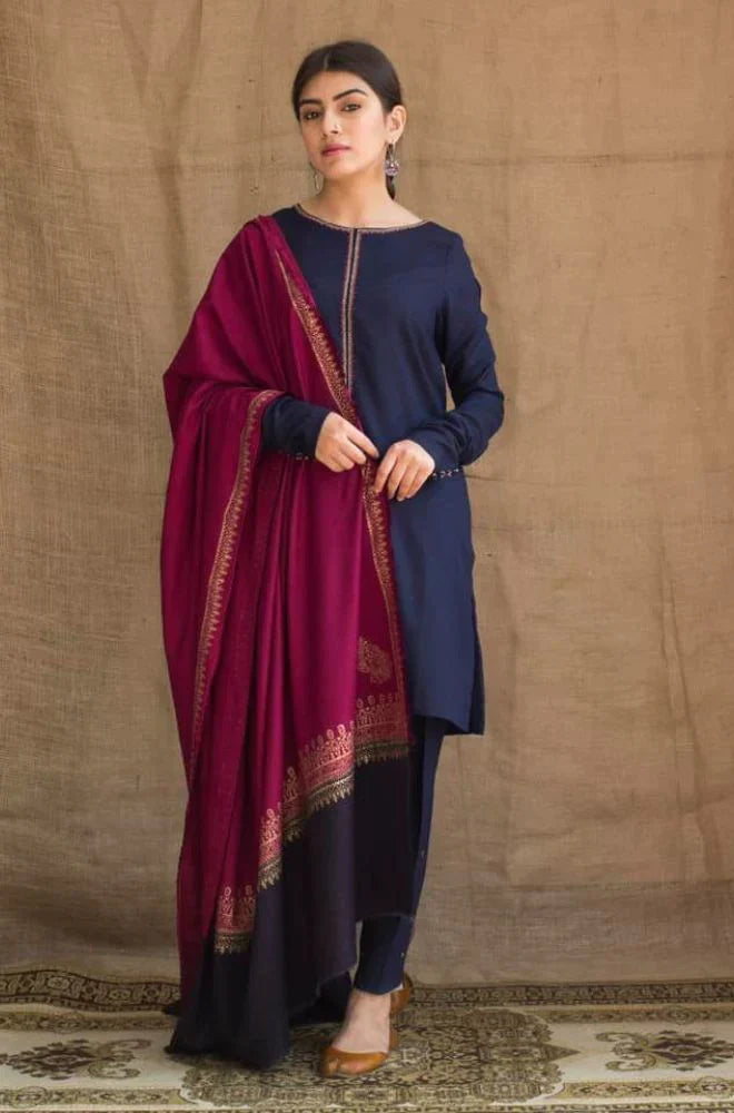DYOT - 3PC DHANAK EMBROIDERED SHIRT WITH WOOL PRINT SHAWL & TROUSER-EP-5369