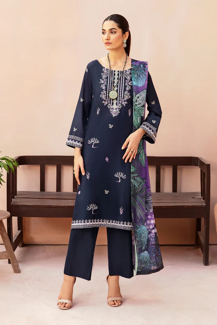AFSANAH-3PC DHANAK EMBROIDERED SHIRT WITH COUTURE PRINTED SHAWL & TROUSER-EP-5495