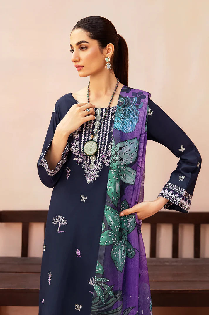 AFSANAH-3PC DHANAK EMBROIDERED SHIRT WITH COUTURE PRINTED SHAWL & TROUSER-EP-5495