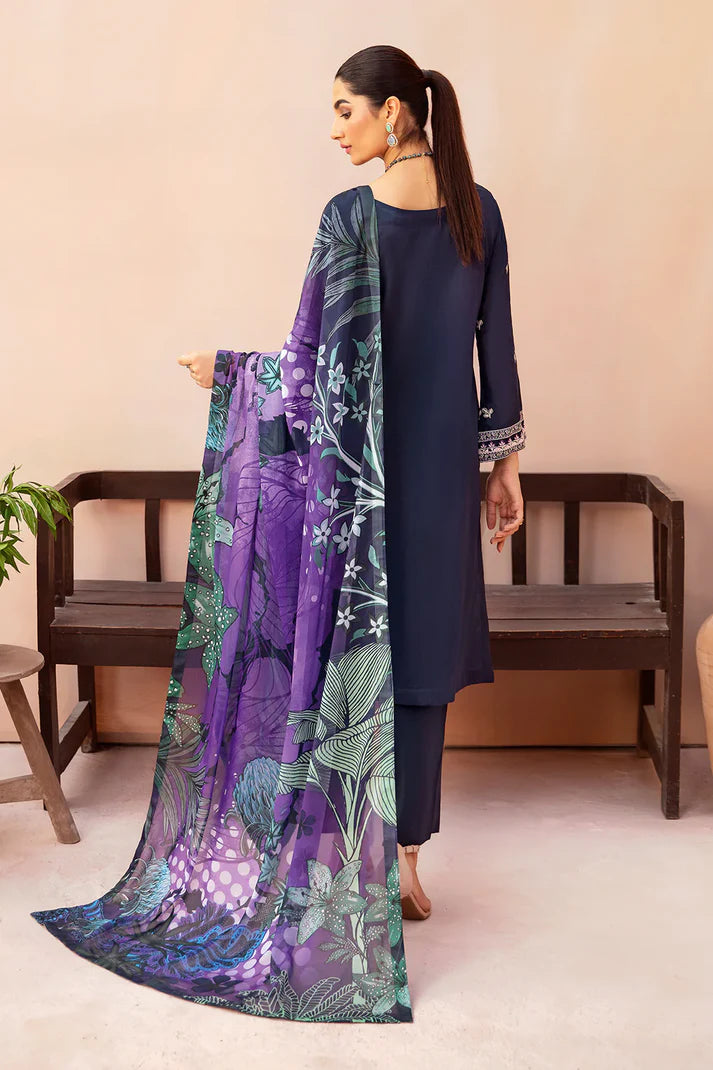 AFSANAH-3PC DHANAK EMBROIDERED SHIRT WITH COUTURE PRINTED SHAWL & TROUSER-EP-5495
