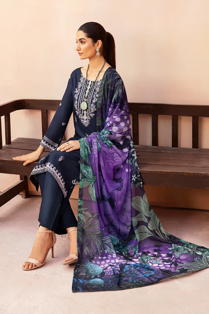 AFSANAH-3PC DHANAK EMBROIDERED SHIRT WITH COUTURE PRINTED SHAWL & TROUSER-EP-5495