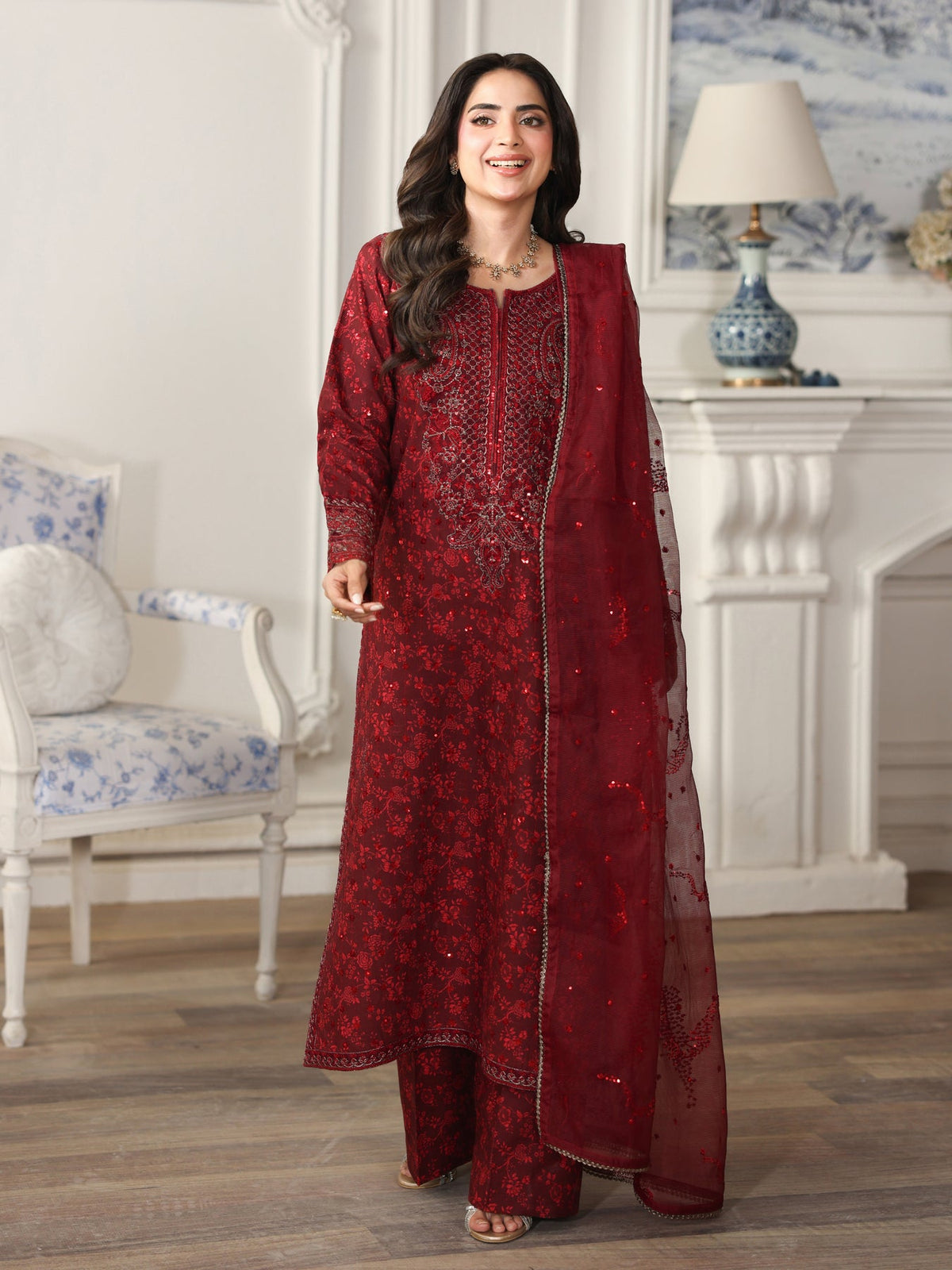 MOHAGNI-3PC LAWN PRINTED EMBROIDERED SHIRT WITH ORGANZA EMBROIDERED DUPATTA AND PRINT TROUSER-PK-1207