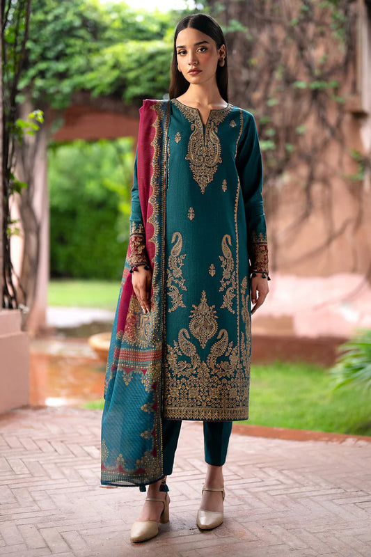 JAZMIN- 3PC DHANAK EMBROIDERED SHIRT WITH TWILL PRINT SHAWL AND TROUSER-EP-5379-A