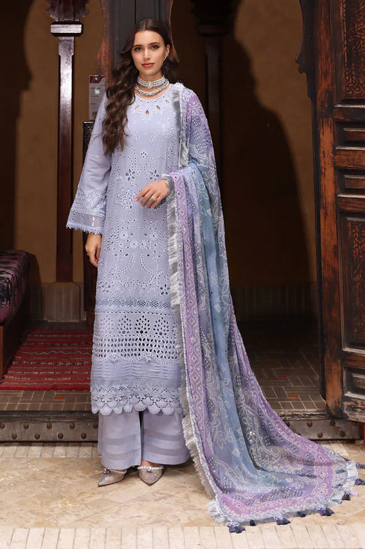 NUREH-3PC LAWN CHIKANKARI EMBROIDERED SHIRT WITH MONARK PRINTED DUPATTA AND EMB TROUSER-PK-5637