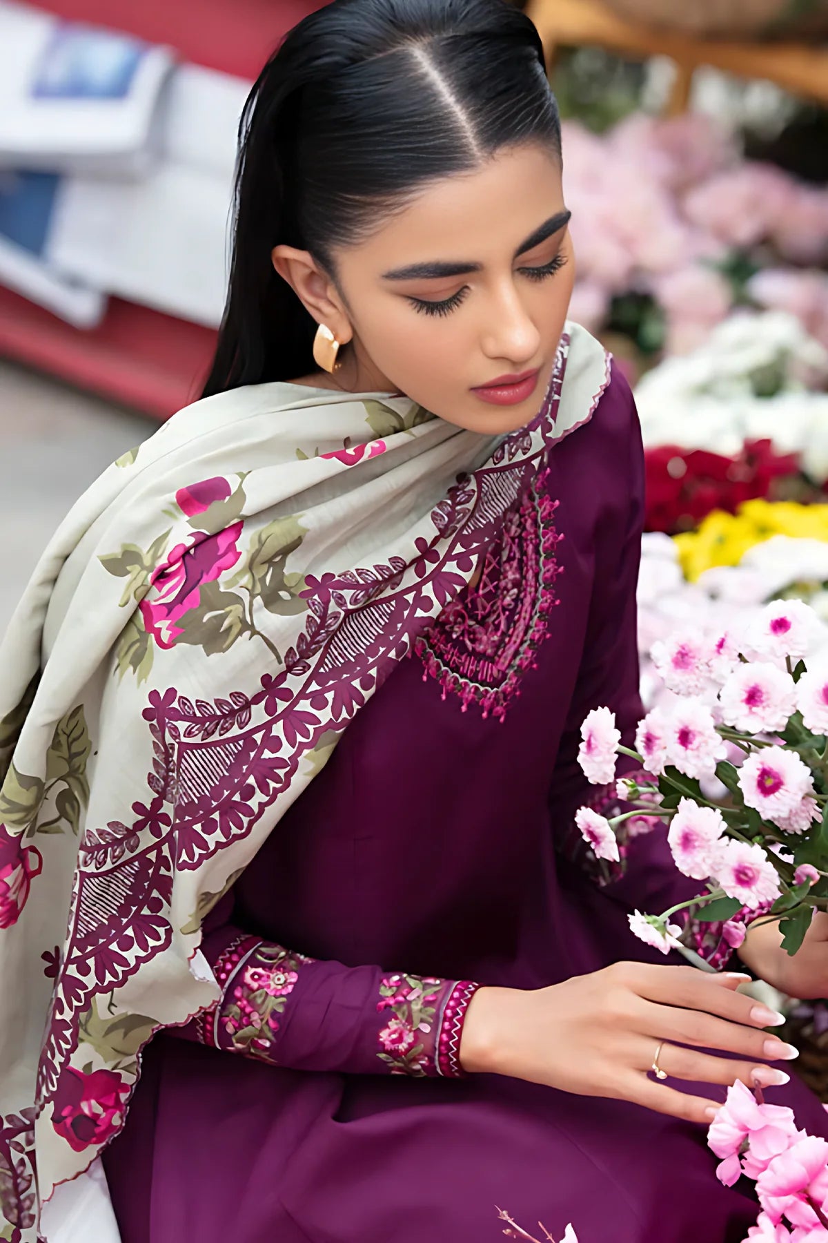 SAPPHIRE -3PC DHANAK EMBROIDERED SHIRT WITH COUTURE WOOL PRINTED SHAWL & EMBROIDERED TROUSER- EP-5041