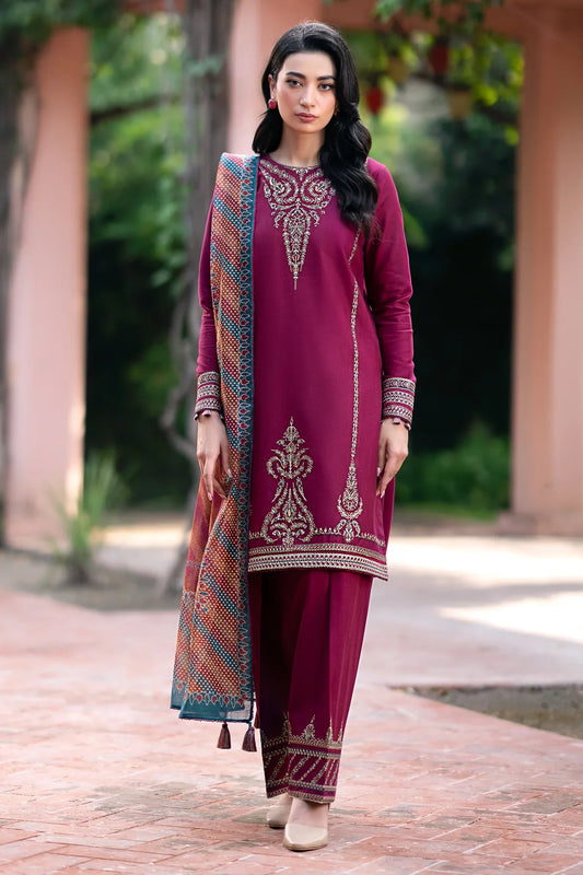 JAZMIN - 3PC DHANAK EMBROIDERED SHIRT WITH TWILL PRINTED SHAWL & TROUSER-EP-5518