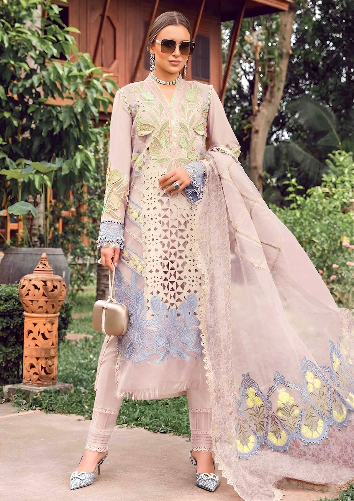 MARIA.B-3PC LAWN EMBROIDERED SHIRT WITH EMBROIDERED ORGANZA DAMAN CHIFFON PRINTED EMB DUPATTA AND EMB TROUSER-PK-4711
