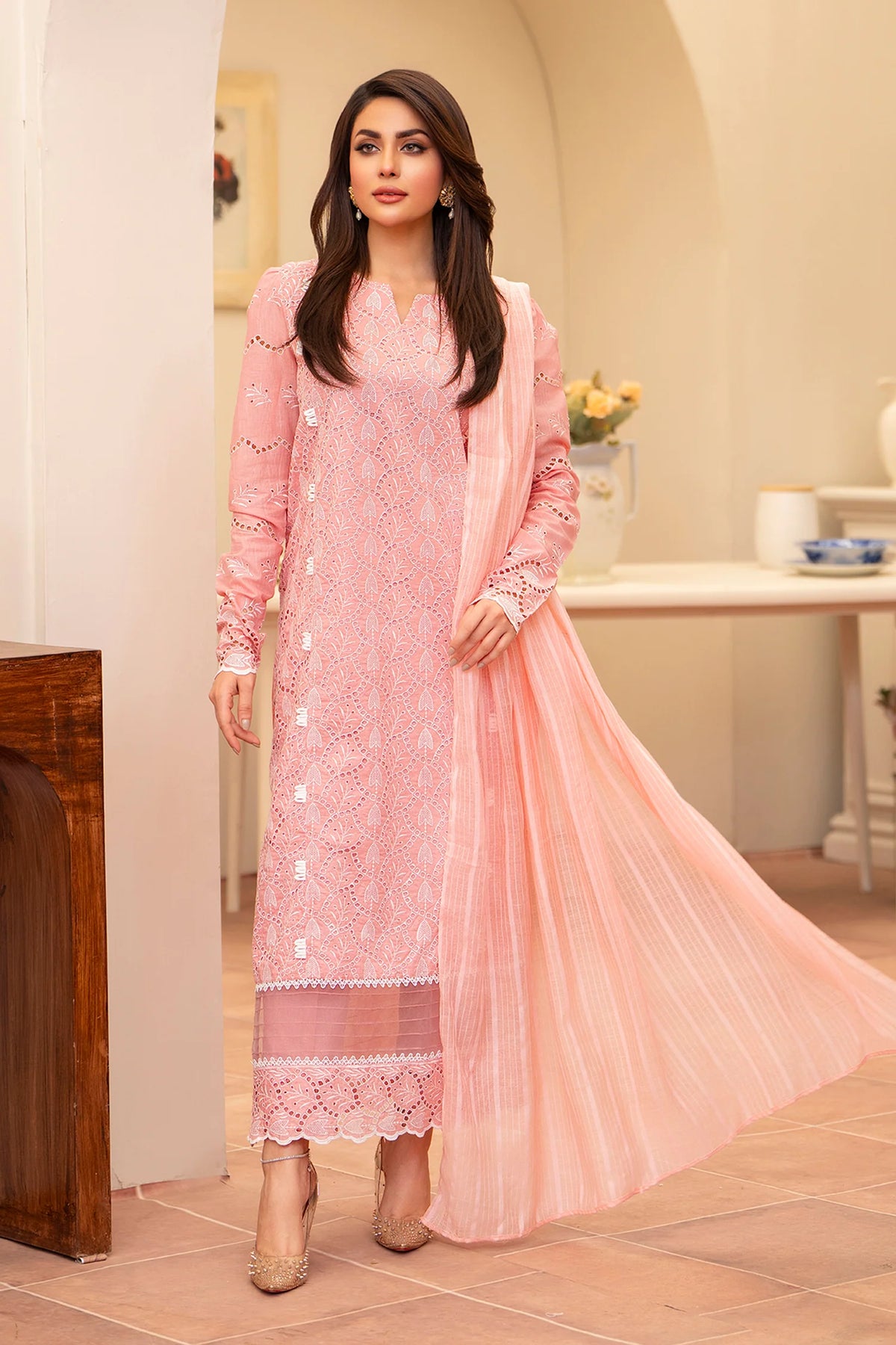 MIRAKHI-3PC LAWN CHIKENKARI EMBROIDERED SHIRT WITH LAWN TUBE SLUB DUPATTA-PK-5667