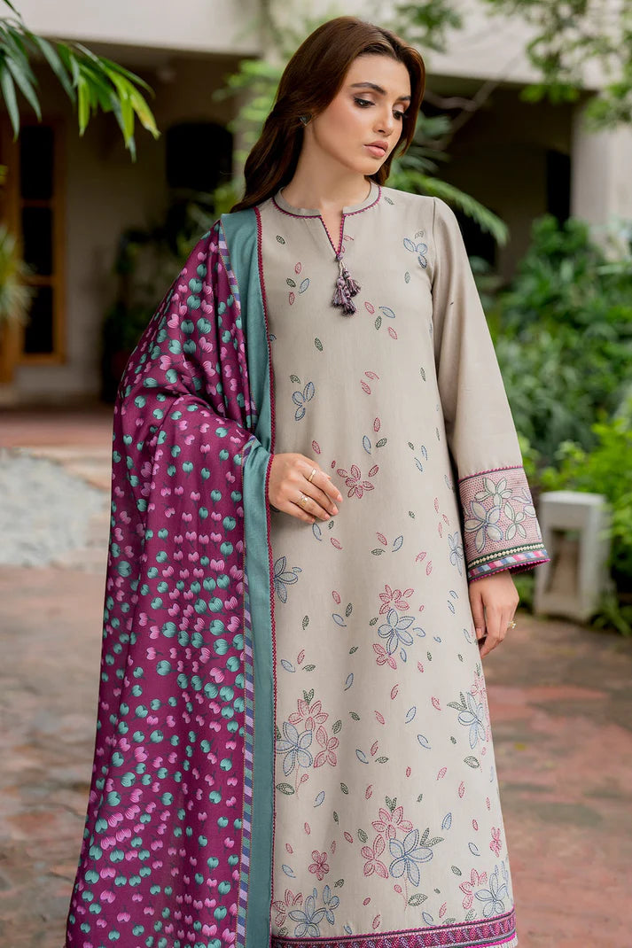 JAZMIN-3PC DHANAK EMBROIDRED SHIRT WITH WOOL PRINT SHAWL AND TROUSER-EP-5382