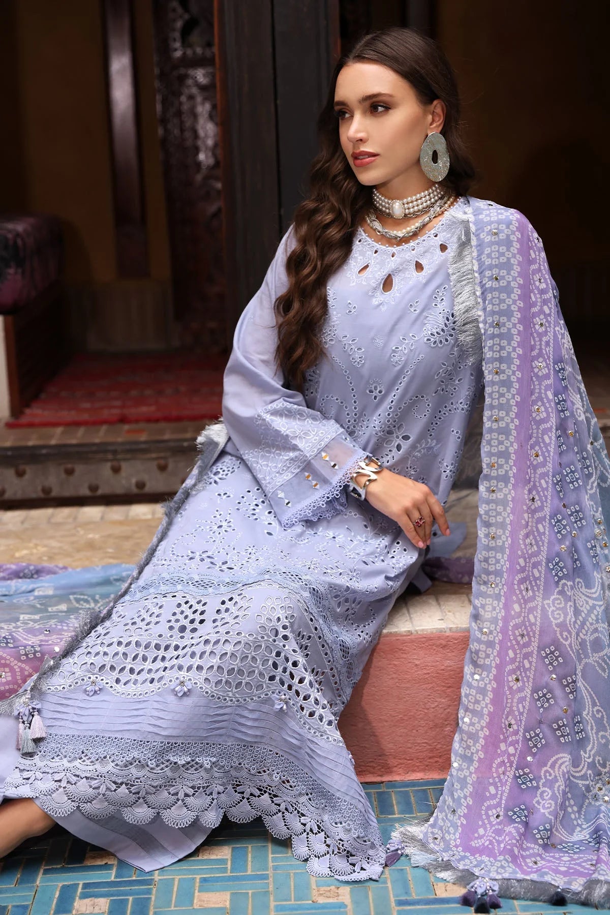 NUREH-3PC LAWN CHIKANKARI EMBROIDERED SHIRT WITH MONARK PRINTED DUPATTA AND EMB TROUSER-PK-5637