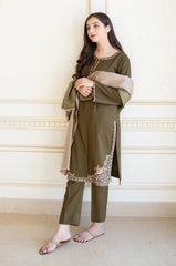 AISLING - 3PC DHANAK EMBROIDERED SHIRT WITH PRINTED WOOL SHAWL AND TROUSER- EP-5079