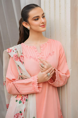 ZIVA - 3PC DHANAK  EMBROIDERED SHIRT WITH TWILL PRINTED SHAWL & TROUSER- EP-5135