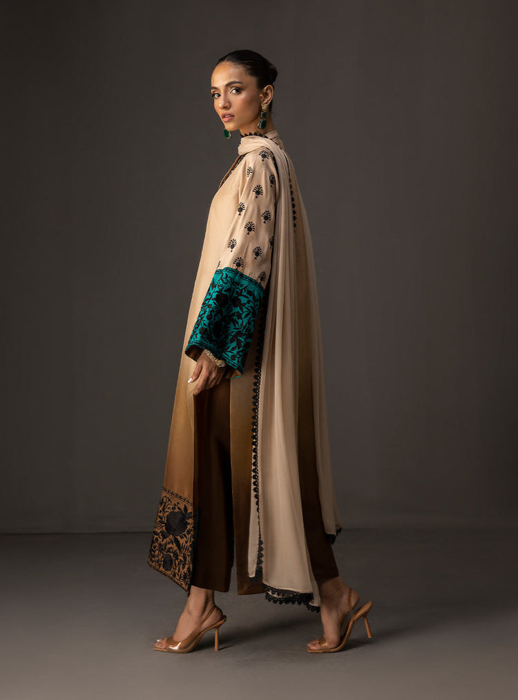 ZAINAB CHOTTANI-UNSTITCHED 3PC SHAMOZ SILK PRINT EMBROIDERED SUIT-PK-1717