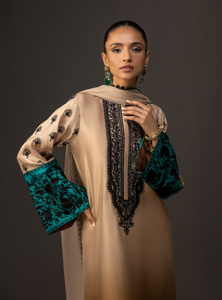 ZAINAB CHOTTANI-UNSTITCHED 3PC SHAMOZ SILK PRINT EMBROIDERED SUIT-PK-1717