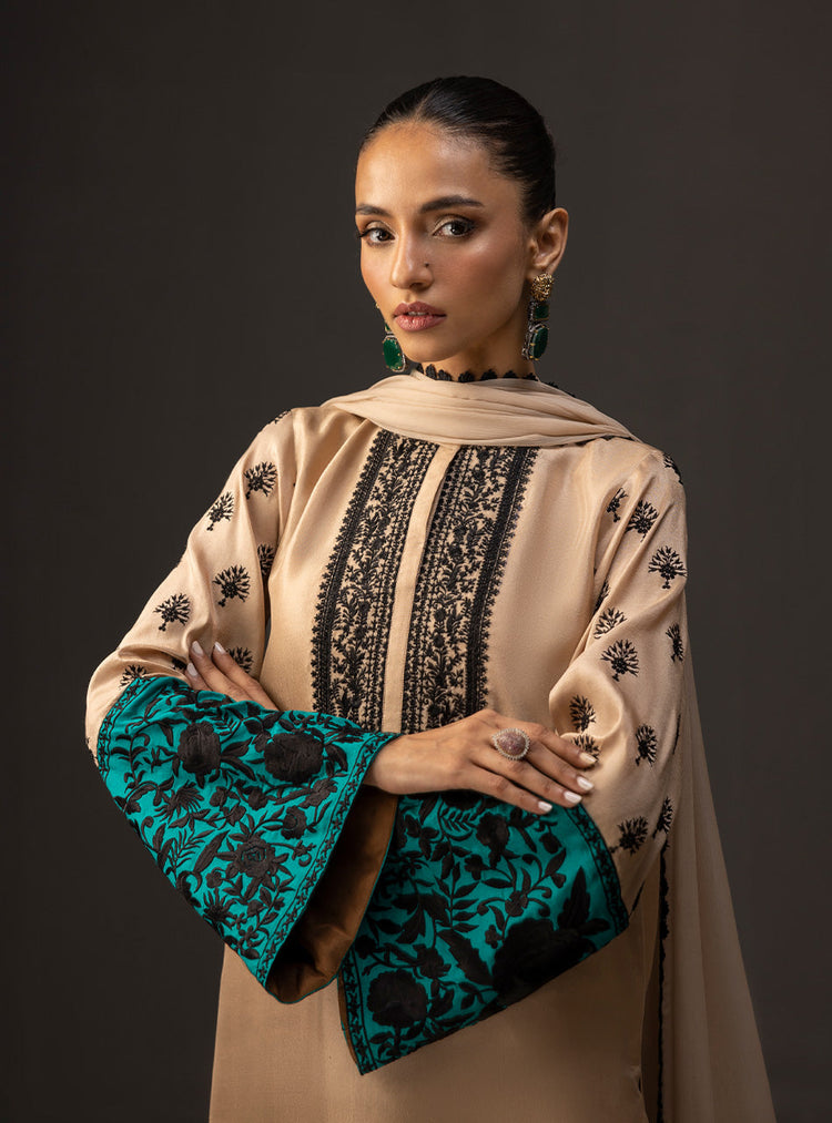 ZAINAB CHOTTANI-UNSTITCHED 3PC SHAMOZ SILK PRINT EMBROIDERED SUIT-PK-1717