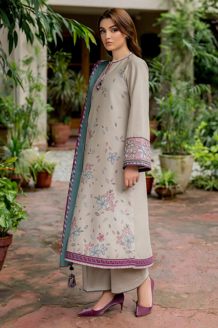 JAZMIN-3PC DHANAK EMBROIDRED SHIRT WITH WOOL PRINT SHAWL AND TROUSER-EP-5382