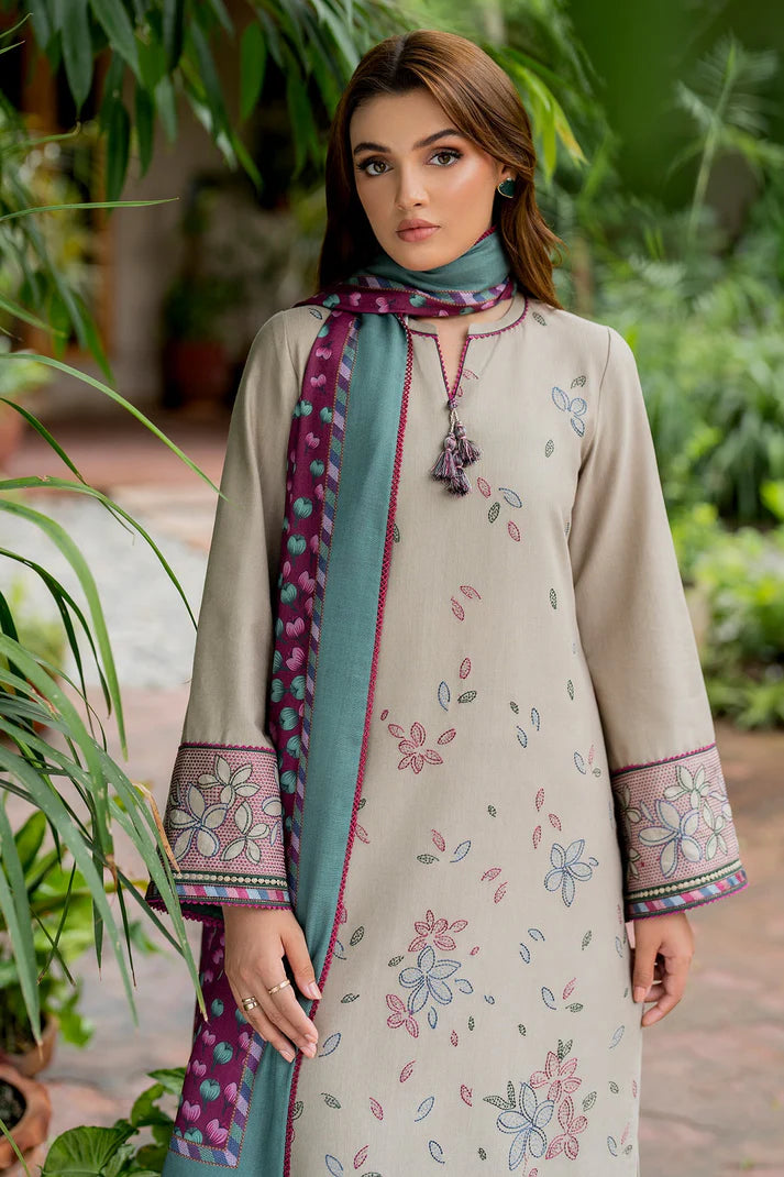 JAZMIN-3PC DHANAK EMBROIDRED SHIRT WITH WOOL PRINT SHAWL AND TROUSER-EP-5382