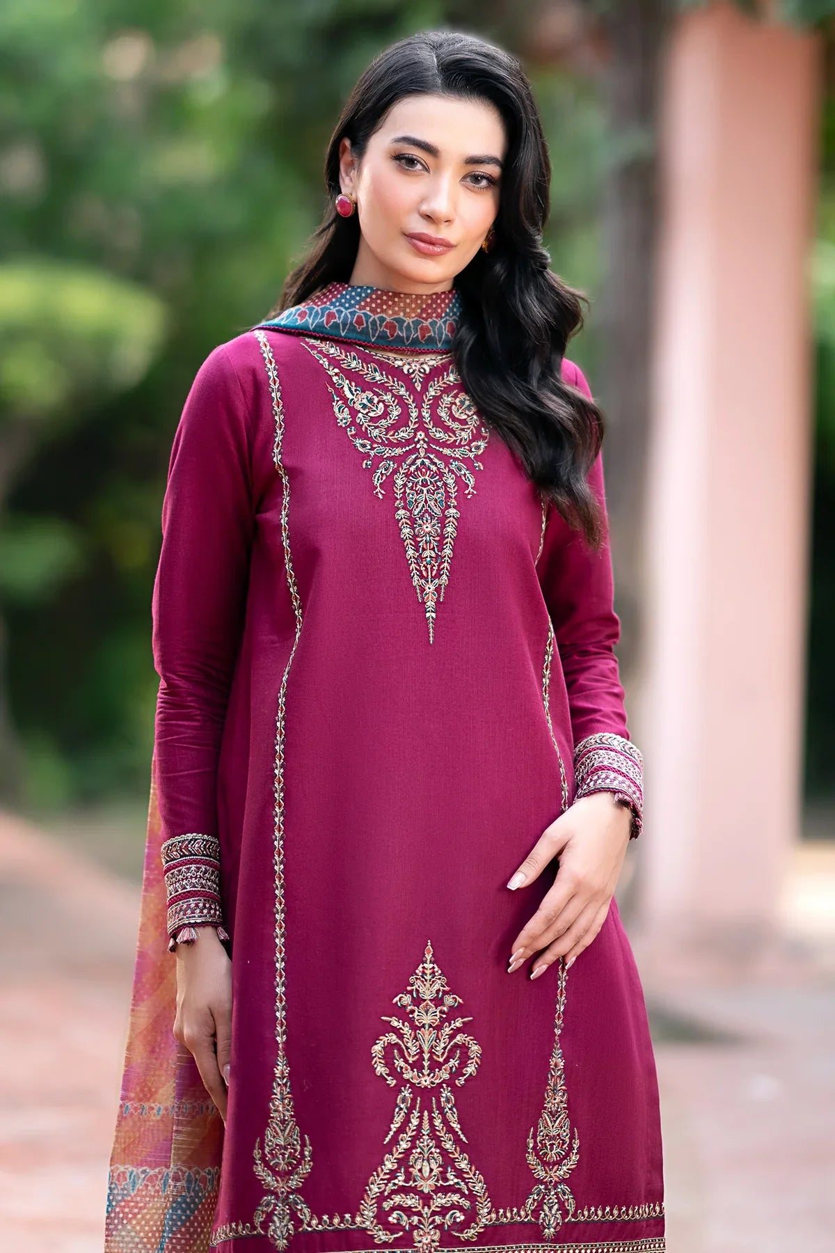 JAZMIN - 3PC DHANAK EMBROIDERED SHIRT WITH TWILL PRINTED SHAWL & TROUSER-EP-5518