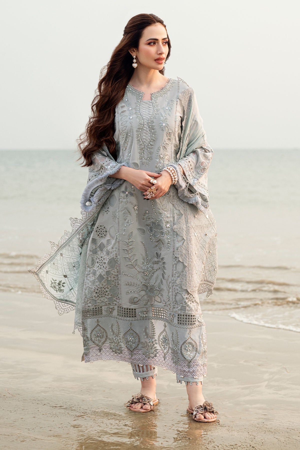 NUREH-UNSTITCHED 3PC DHANAK LASER WORK EMBROIDERED SUIT-PK-3691