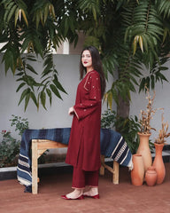 AISLING 3PC DHANAK EMBROIDERED SHIRT WITH DHANAK EMBROIDERED SHAWL EMB DHANAK TROUSER- EP-5090