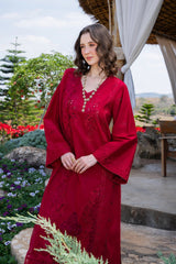 GARNET-UNSTITCHED 3PC LAWN CHIKANKARI EMBROIDERED SUIT-PK-4843