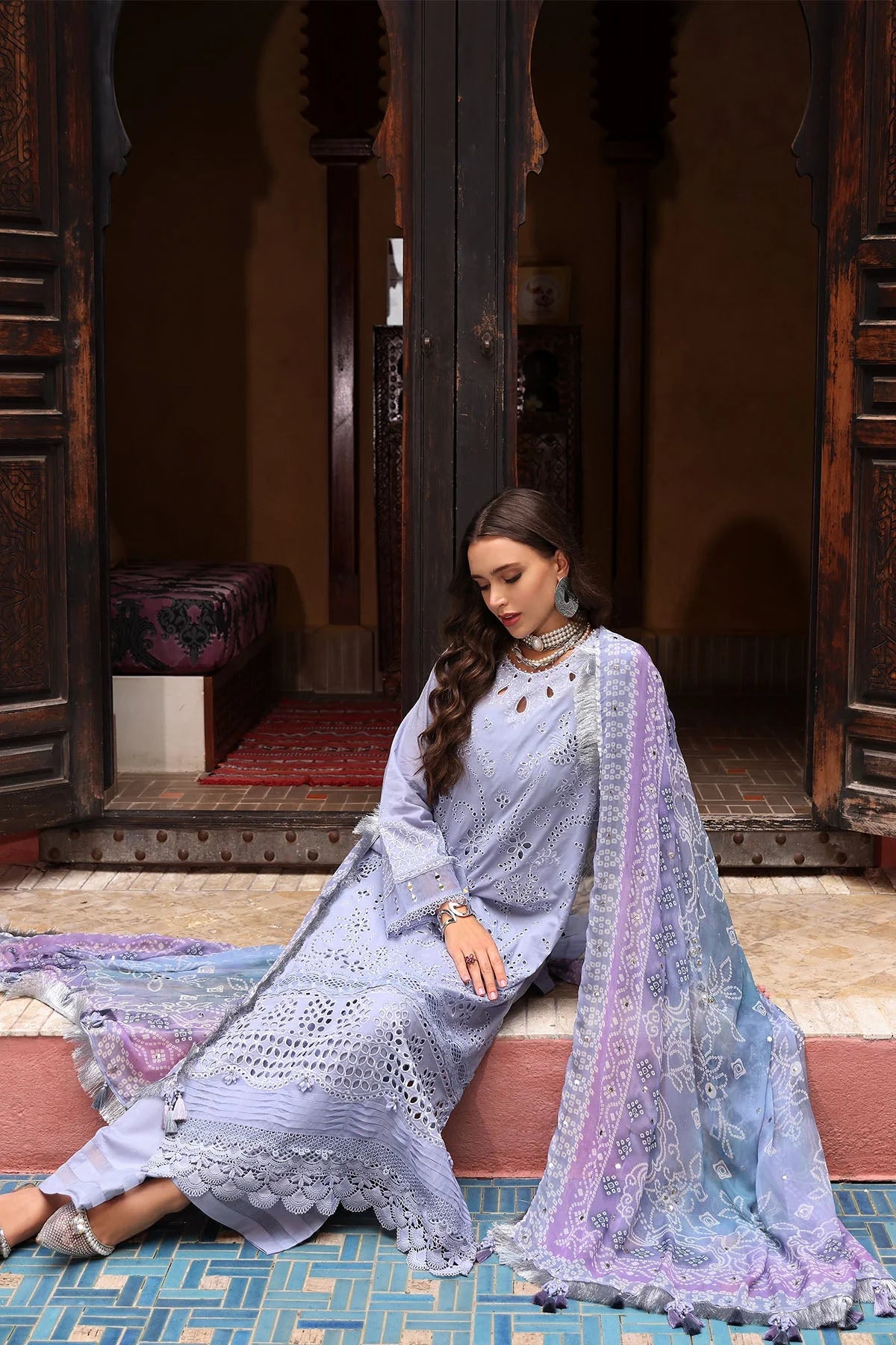 NUREH-3PC LAWN CHIKANKARI EMBROIDERED SHIRT WITH MONARK PRINTED DUPATTA AND EMB TROUSER-PK-5637