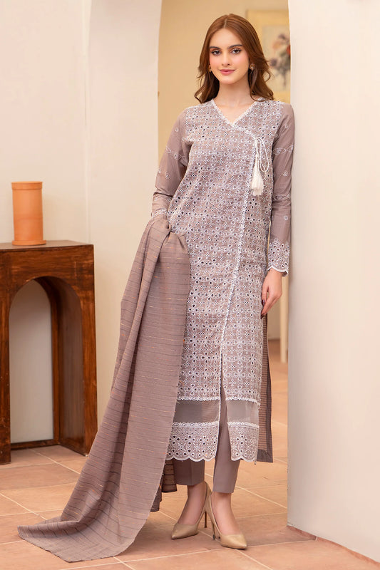 MIRAKHI-3PC LAWN CHIKENKARI EMBROIDERED SHIRT WITH LAWN TUBE SLUB DUPATTA-PK-5671