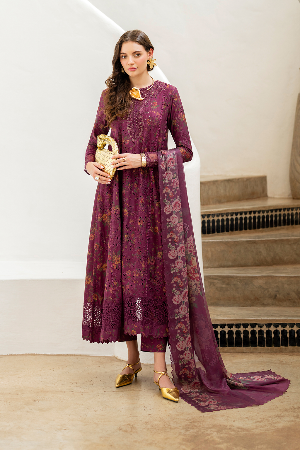 IZNIK-UNSTITCHED 3PC LAWN PRINTED CHIKAN EMB FROCK -PK-011