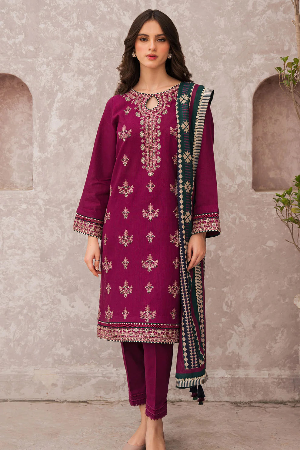 JAZMIN-UNSTITCHED 3PC DHANAK EMBROIDERED SUIT-PK-3505