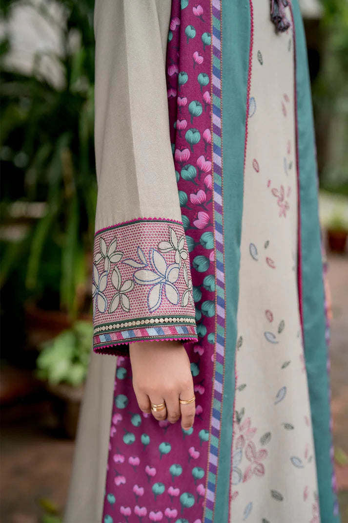 JAZMIN-3PC DHANAK EMBROIDRED SHIRT WITH WOOL PRINT SHAWL AND TROUSER-EP-5382