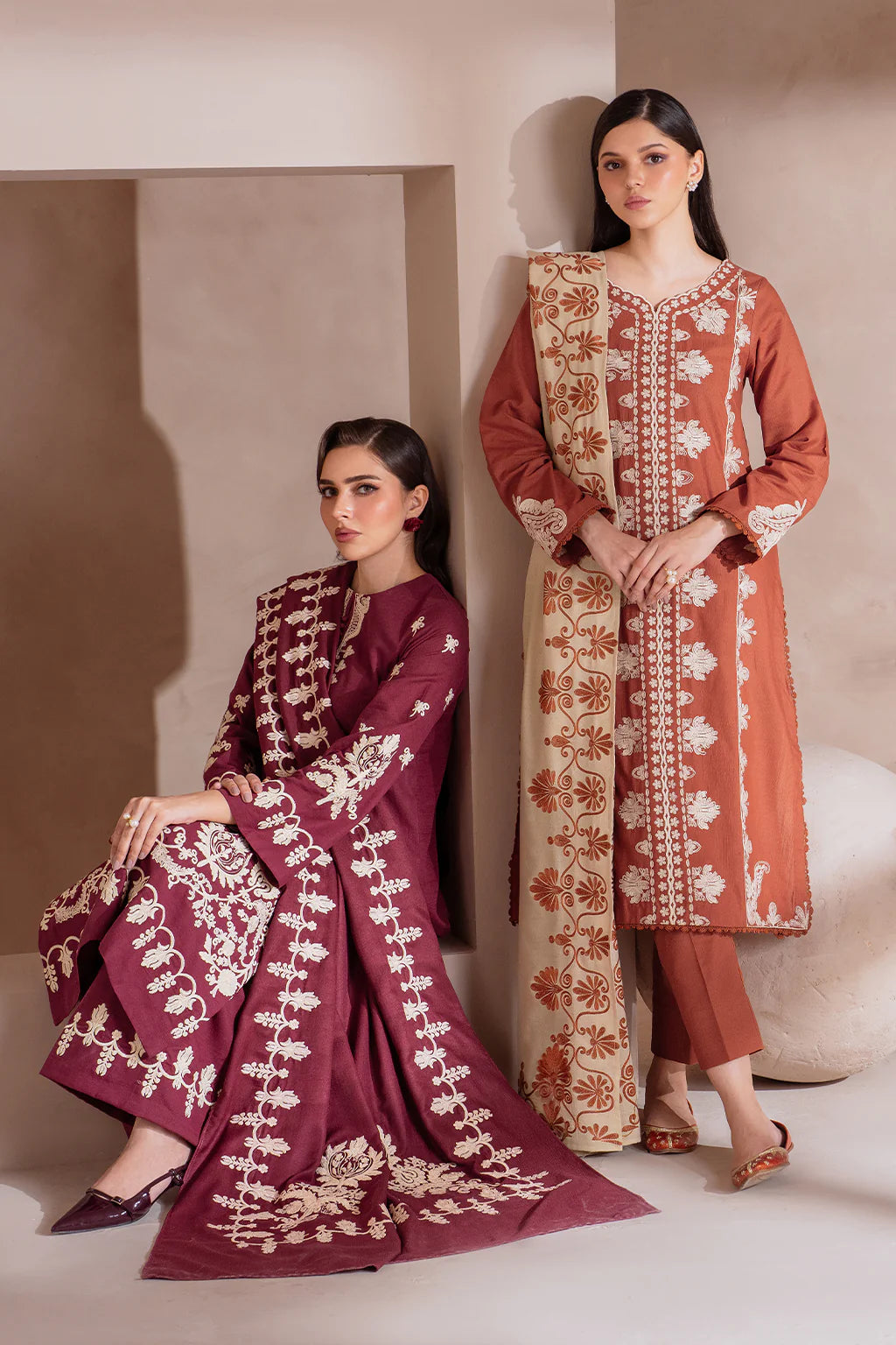 IZNIK-3PC DHANAK EMBROIDERED SHIRT WITH DHANAK EMBROIDERED SHAWL & TROUSER-EP-5503
