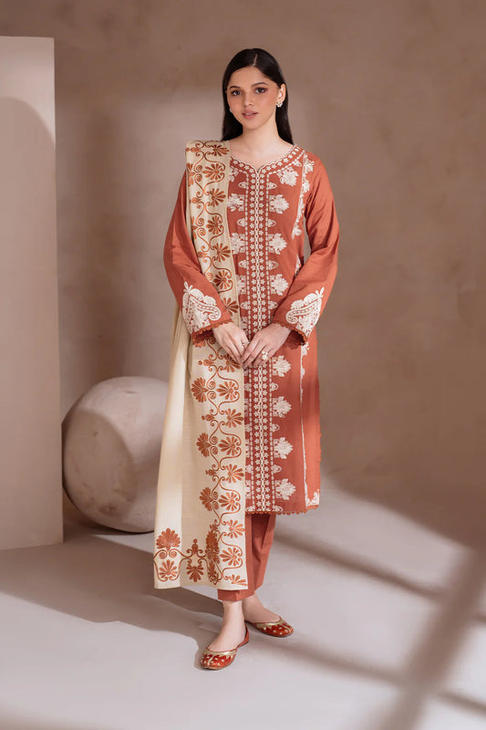 IZNIK-3PC DHANAK EMBROIDERED SHIRT WITH DHANAK EMBROIDERED SHAWL & TROUSER-EP-5503