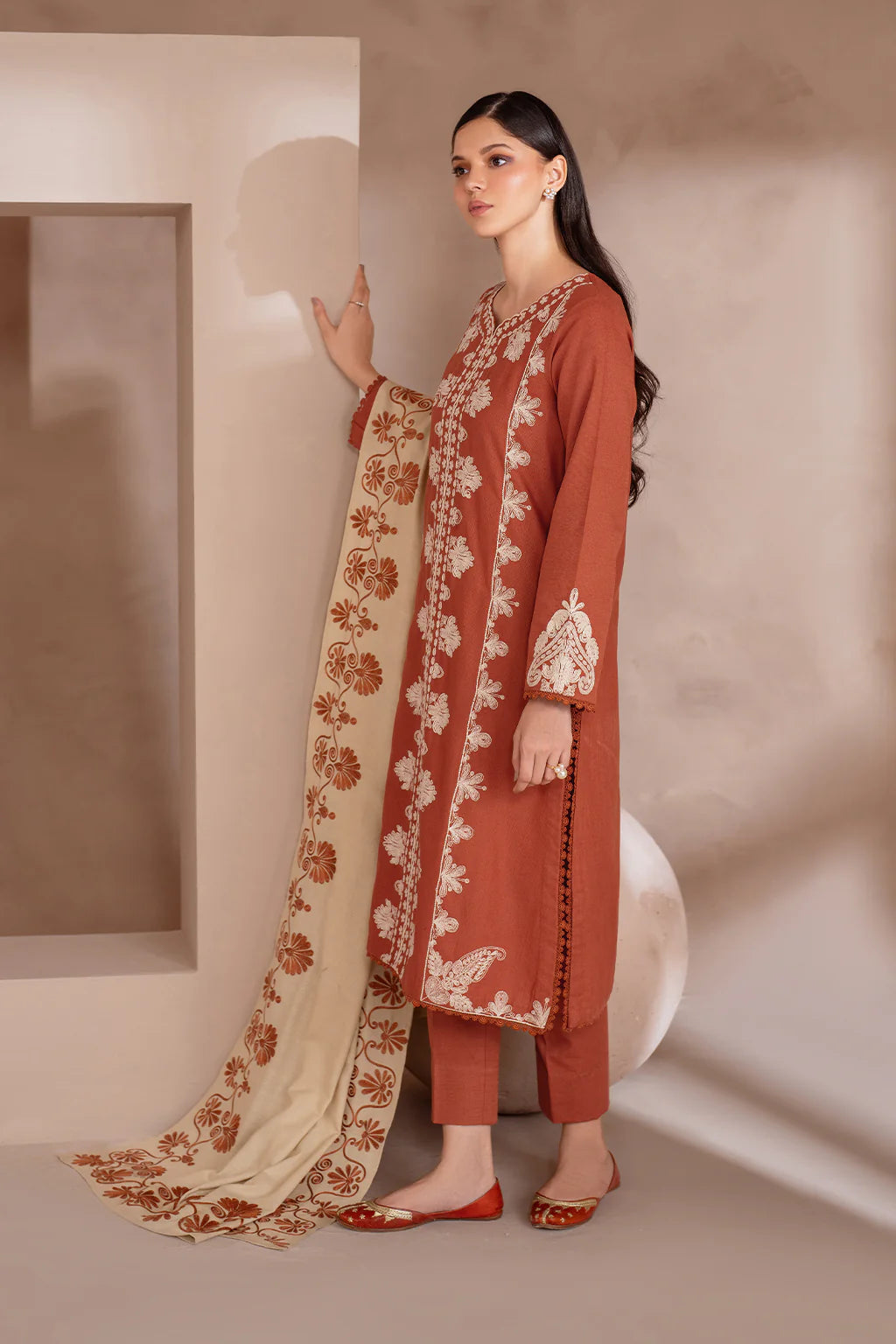 IZNIK-3PC DHANAK EMBROIDERED SHIRT WITH DHANAK EMBROIDERED SHAWL & TROUSER-EP-5503