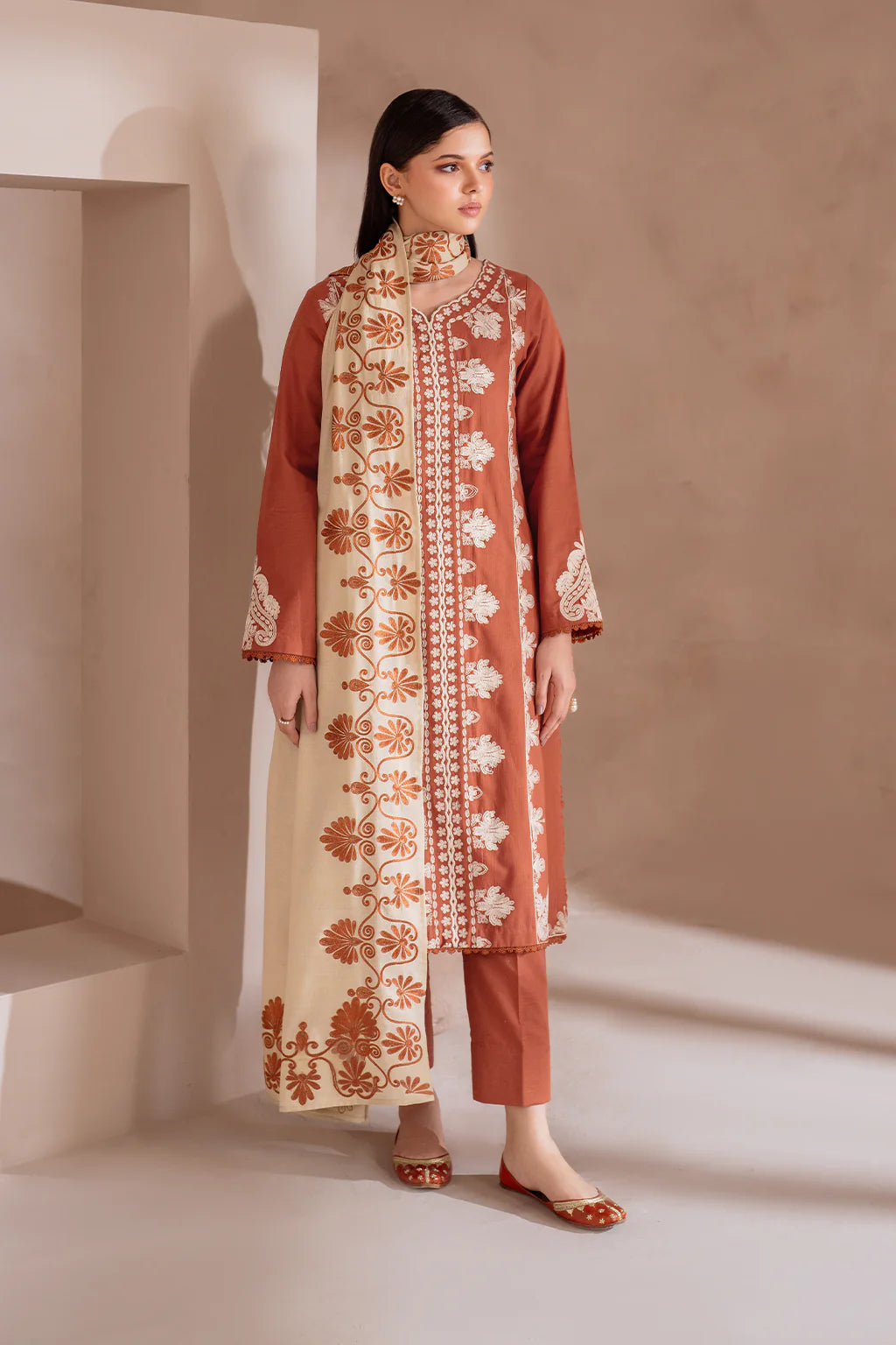 IZNIK-3PC DHANAK EMBROIDERED SHIRT WITH DHANAK EMBROIDERED SHAWL & TROUSER-EP-5503