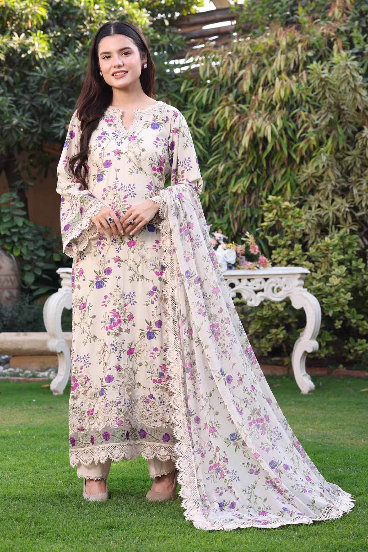 ANEELAS-UNSTITCHED 3PC LAWN PRINTED CHIKAN EMB SUIT-PK-031