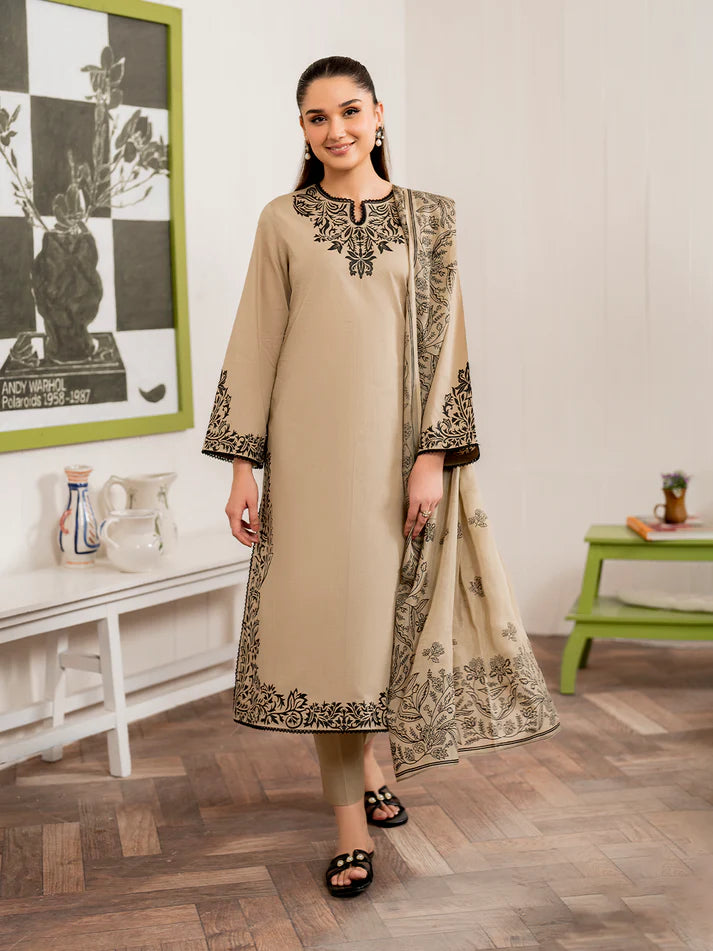 GARNET-3PC DHANAK EMBROIDERED SHIRT WITH COUTURE PRINT SHAWL & DHANAK TROUSER-PK-5352