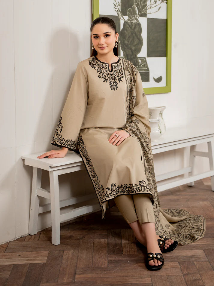GARNET-3PC DHANAK EMBROIDERED SHIRT WITH COUTURE PRINT SHAWL & DHANAK TROUSER-PK-5352